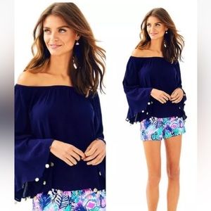 NWT LILLY PULITZER DELANEY TOP TRUE NAVY OFF SHOULDER WITH COIN ACCENTS